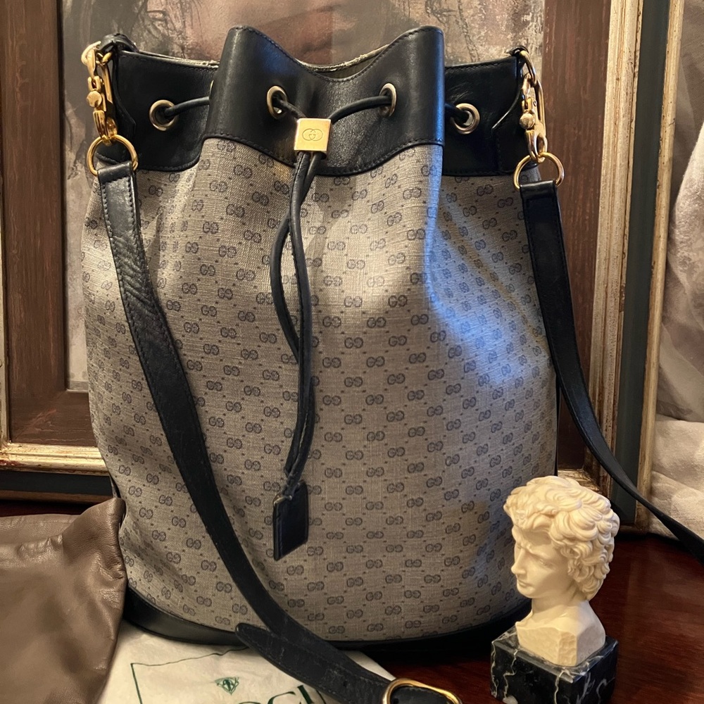 Authentic Navy Gucci Drawstring Bucket Handbag.